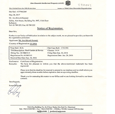 TradeMark ReefGarden - Certificate Euro 2