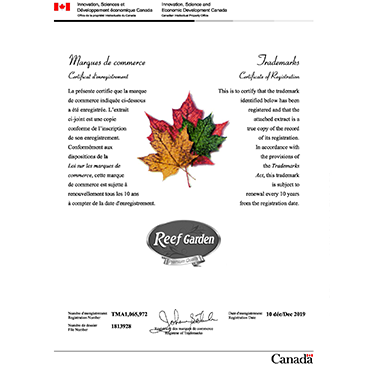 TradeMark ReefGarden Canada - Certificate